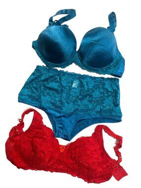 MULTI BRA SET Red Teal 40D + XL Panty Lingerie Underwire Lace Plus Size Romantic
